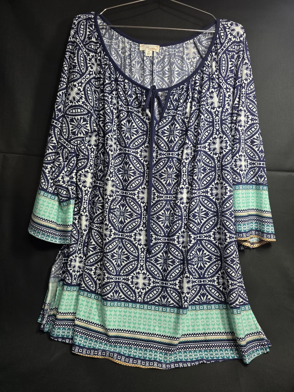 Women's Navy & White Printed Peasant Top with Teal Border